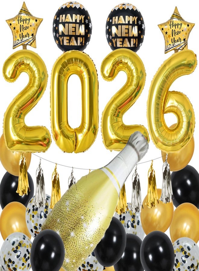 KALOR مستلزمات حفلات رأس السنة 2026، بالونات ضخمة تحمل الرقم 2026، لافتة سوداء وذهبية، زجاجة، كأس، بالونات على شكل نجمة، شرابات معلقة لتزيين حفلات رأس السنة. - Image 1